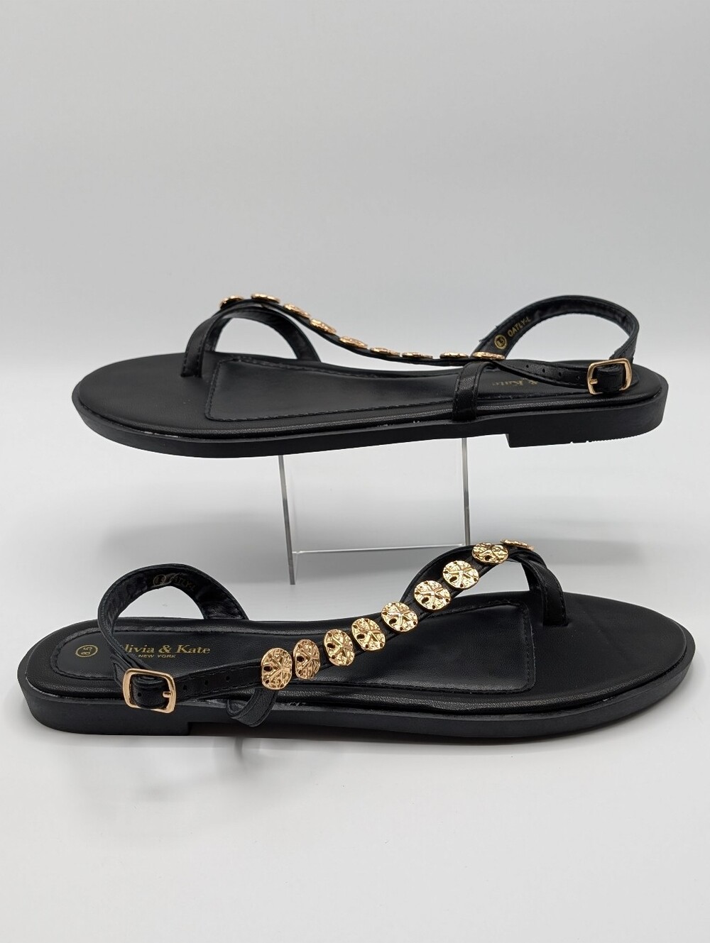 Olivia & Kate Sandals 8.5 Black with Gold Accents Toe Ring Flat Slide Adj. Strap